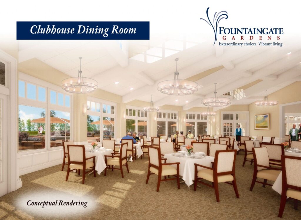 Conceptual Rendering of Fountaingate Gardens' Clubhouse Dining Room. The independent living community will be built after a Certificate of Authority to operate the community has been issued by the Department of Health and the requirements for construction have been met.